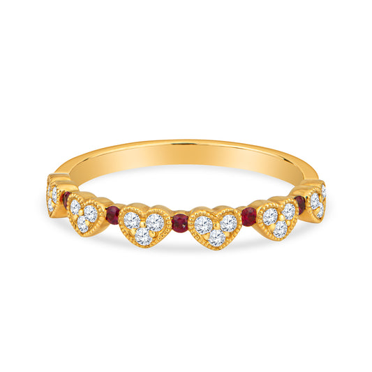 18K Yellow Gold Heart Shape Wedding Band with Diamond and Rubies