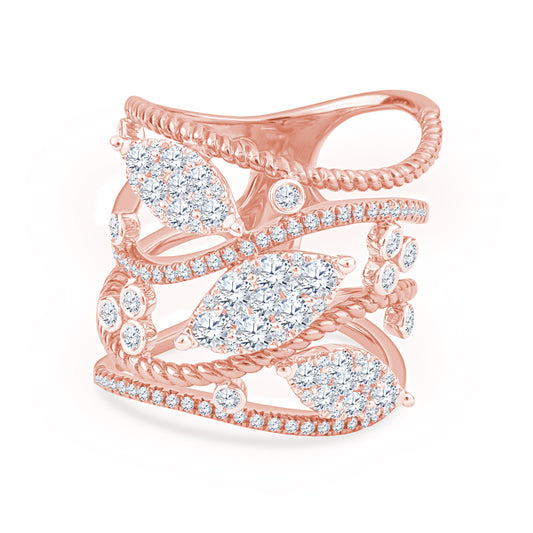 18K Rose Gold Fashion Ring with Diamond Set Leaves and Bead Pave Rail Designs
