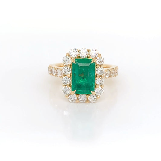 18K Yellow Emerald Diamond Ring | Brilliant 2.24 EM & 1.76 CTW Halo Design