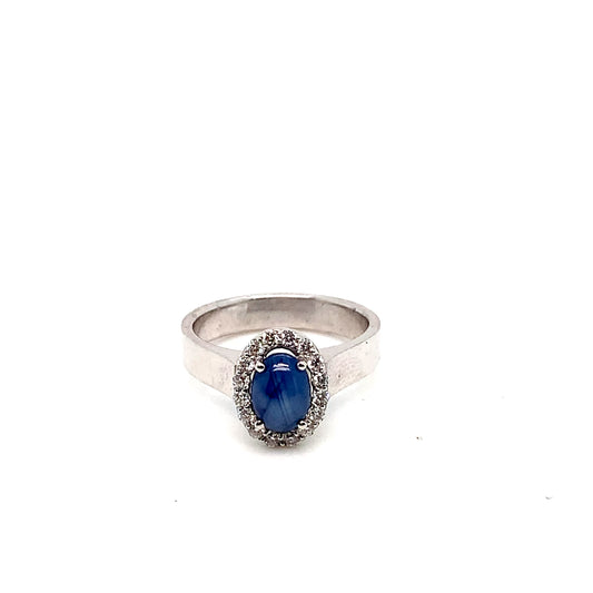 White Gold Sapphire Diamond Ring | 18K Oval Halo Elegance