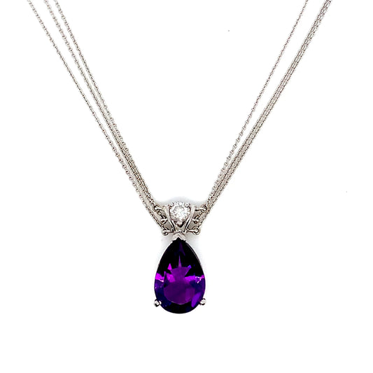 White Gold Amethyst Diamond Necklace | 14K Multi-Chain Pendant