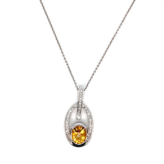 White Gold Citrine & Diamond Fantasy Pendant Necklace | 14K Elegant Design