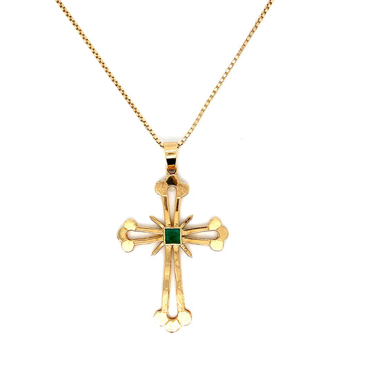 Gold Cross Emerald Pendant | 18K Yellow Gold Necklace