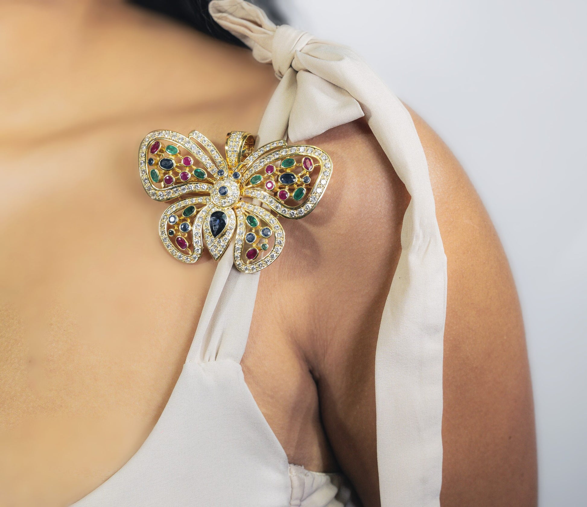18K Yellow Gold Butterfly Brooch with Diamonds, Ruby, Sapphire and Emeralds