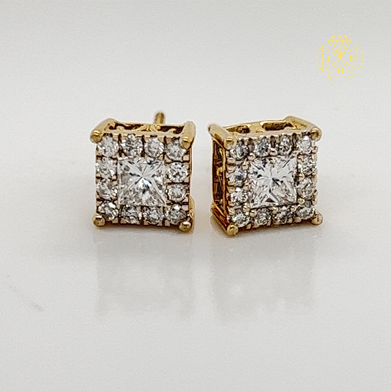 10K Yellow Gold Diamond Squared Shape Earrings