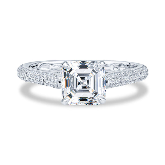 18K White Gold Cathedral Micropavé Asscher Diamond Engagment Ring