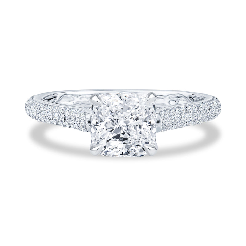 18K White Gold Cathedral Micropavé Cushion Cut Diamond Engagment Ring