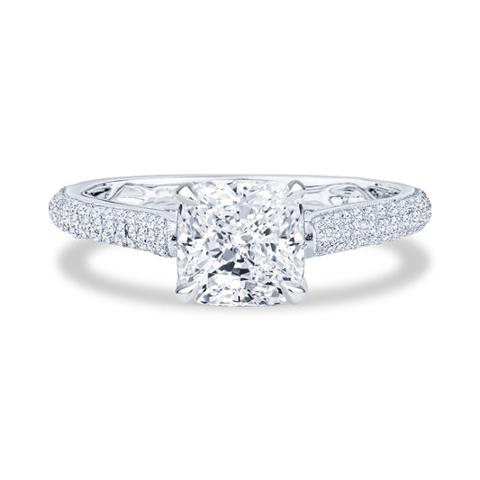 18K White Gold Cathedral Micropavé Cushion Cut Diamond Engagment Ring