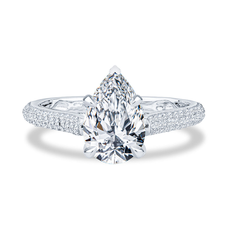 18K White Gold Cathedral Micropavé Pear Diamond Engagment Ring
