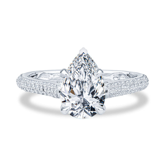 18K White Gold Cathedral Micropavé Pear Diamond Engagment Ring