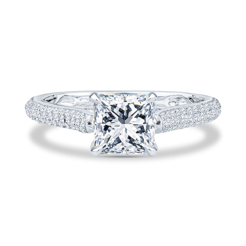 18K White Gold Cathedral Micropavé Princess Diamond Engagment Ring