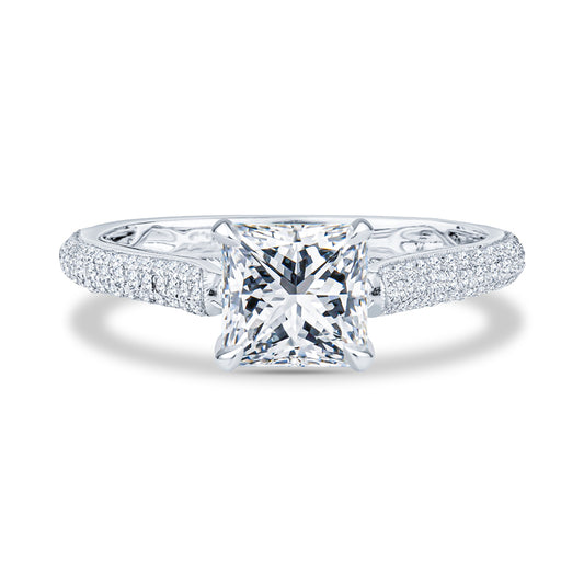18K White Gold Cathedral Micropavé Princess Diamond Engagment Ring