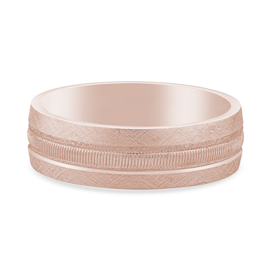 14k Rose Gold Central Line Texture Design Mens Wedding Band