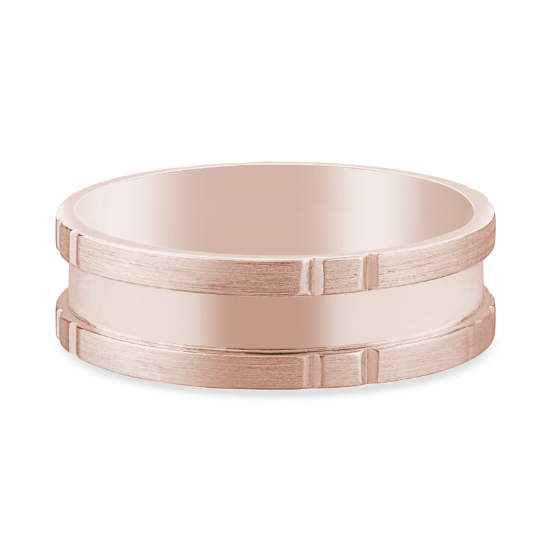 14k Rose Gold Matte Finish Lined Mens Wedding Band