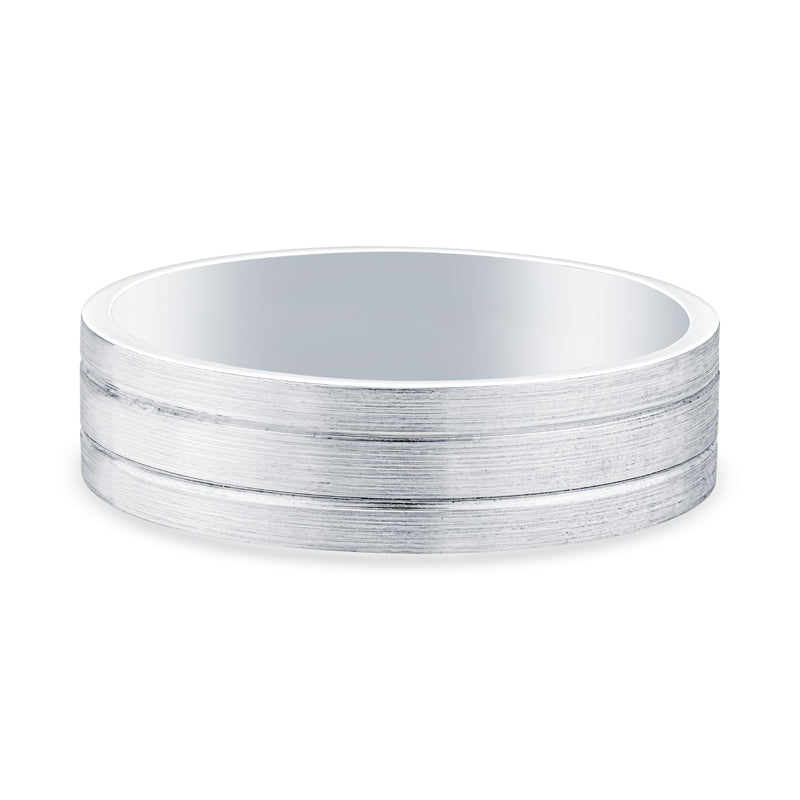 14k White Gold 2 Lines Brushed Mens Wedding Band