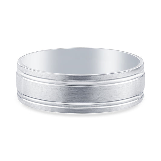 14k White Gold 2 Lines Mens Wedding Band