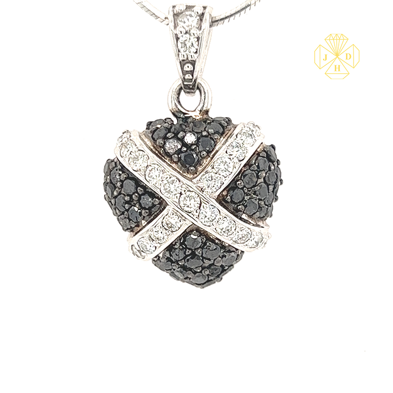 14K White Gold Black Diamond Heart Necklace with White Diamond Crossed Lace