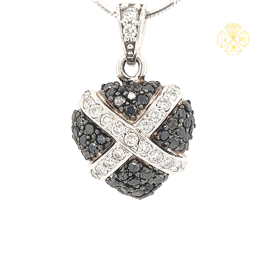 14K White Gold Black Diamond Heart Necklace with White Diamond Crossed Lace