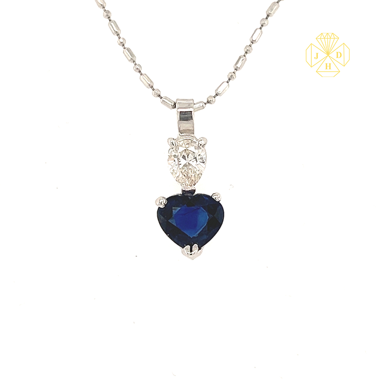 14K White Gold Blue Sapphire Heart Necklace with 17 Inches Chain