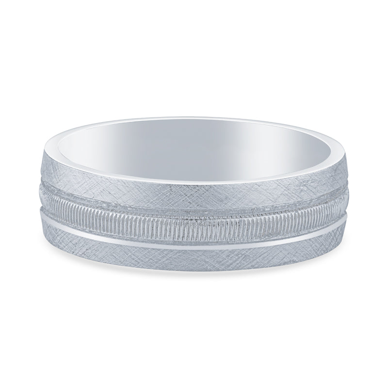 14k White Gold Central Line Texture Design Mens Wedding Band