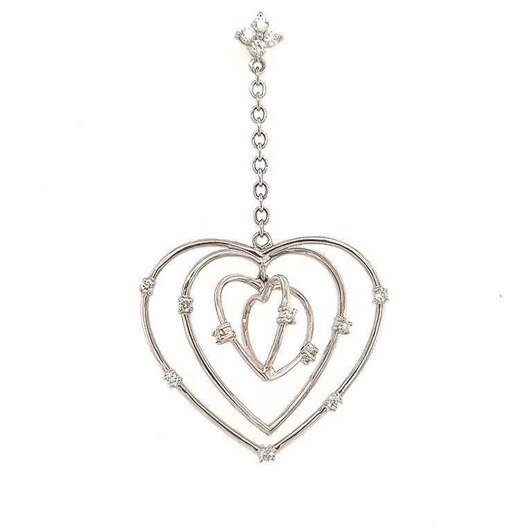14K White Gold Dangle Heart Diamond Earrings