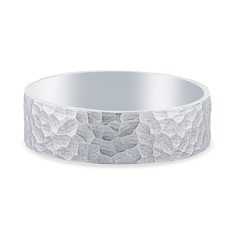 14k White Gold Hammered Finish Mens Wedding Band
