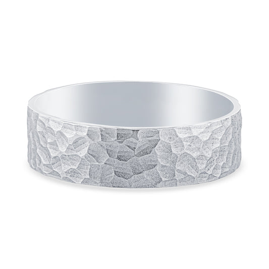 14k White Gold Hammered Finish Mens Wedding Band