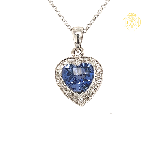 14K White Gold Heart-Shaped Sapphire Necklace with 20" Chain