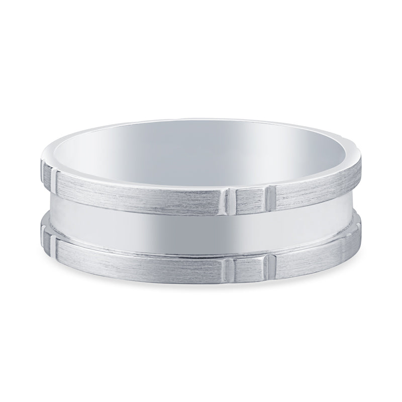 14k White Gold Matte Finish Lined Mens Wedding Band