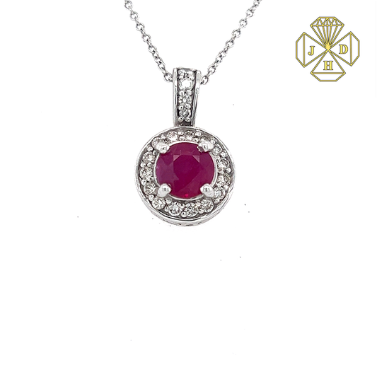 14K White Gold Ruby Center Stone Necklace with 16 Inches Chain