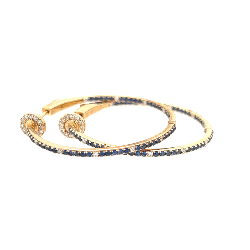 14K YELLOW GOLD BLUE SAPPHIRE AND DIAMOND HINGED ROUND HOOPS