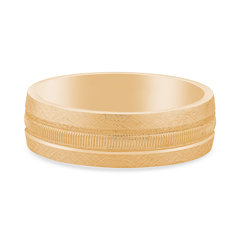 14k Yellow Gold Central Line Texture Design Mens Wedding Band