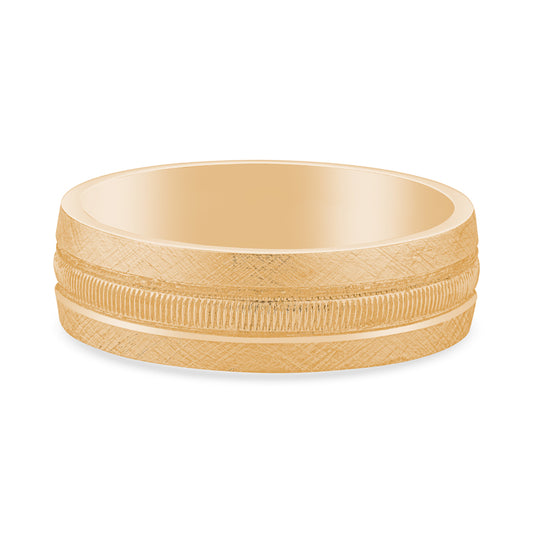 14k Yellow Gold Central Line Texture Design Mens Wedding Band