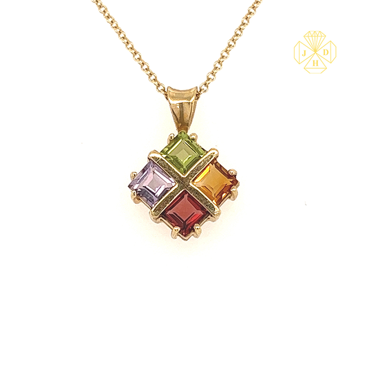 14K Yellow Gold Four Colored Stone Necklace with 16" Chain
