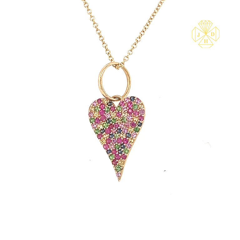 14K Yellow Gold Heart Necklace with Diamonds and Colored Stones