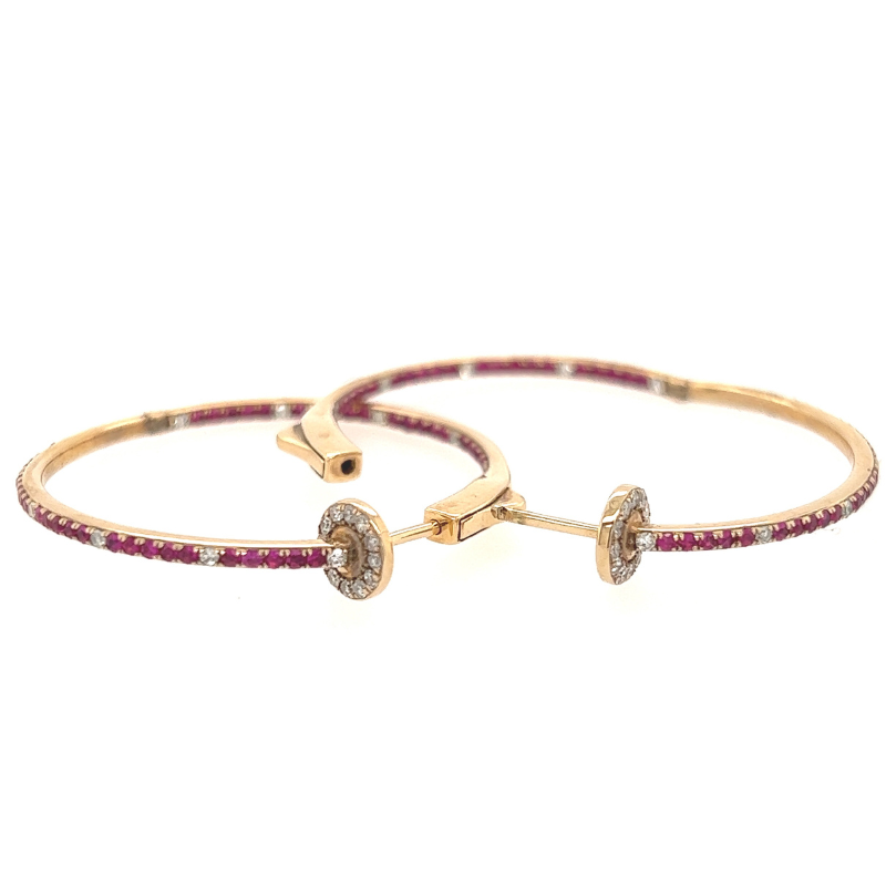 14K YELLOW Gold RUBY AND DIAMOND HINGED ROUND HOOPS