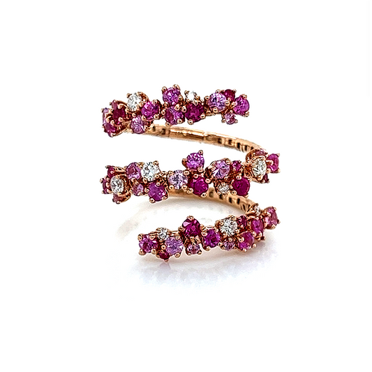 18k Rose Gold Cherry Blossom Spiral Ring with Diamonds & Pink Colored Stones