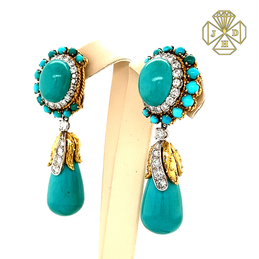18K Yellow Gold Round Diamonds Pear Shape Drop Earrings