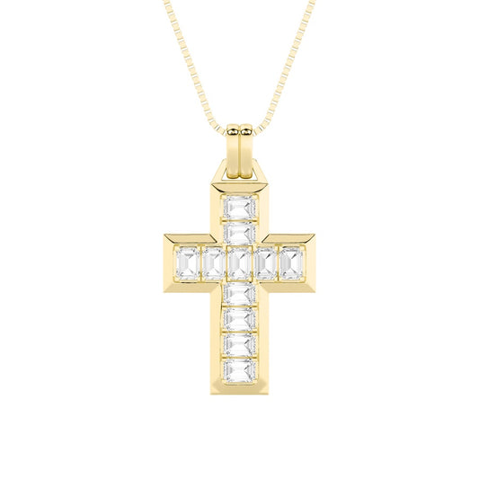 3CTW Emerald Shaped Lab Grown Diamond (F/VS) Cross Pendant in 14K Gold