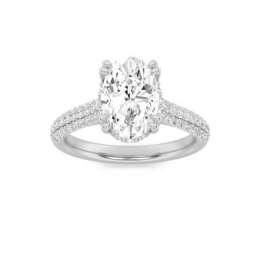 3CTW Oval Shaped Lab Grown Diamond (F/VS) Triple Row Accented Engagement Ring in 14K Gold