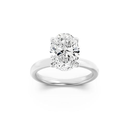 3CTW Oval Shaped Lab Grown Diamond (F/VS) Hidden Halo Plain Shank Engagement Ring in 14K Gold