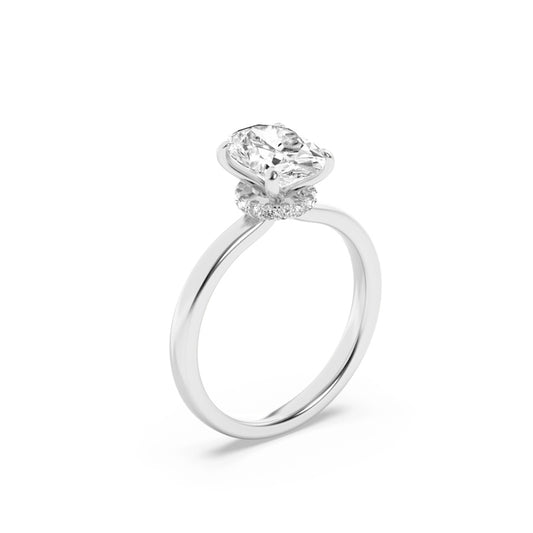 3CTW Oval Shaped Lab Grown Diamond (F/VS) Hidden Halo Plain Shank Engagement Ring in 14K Gold