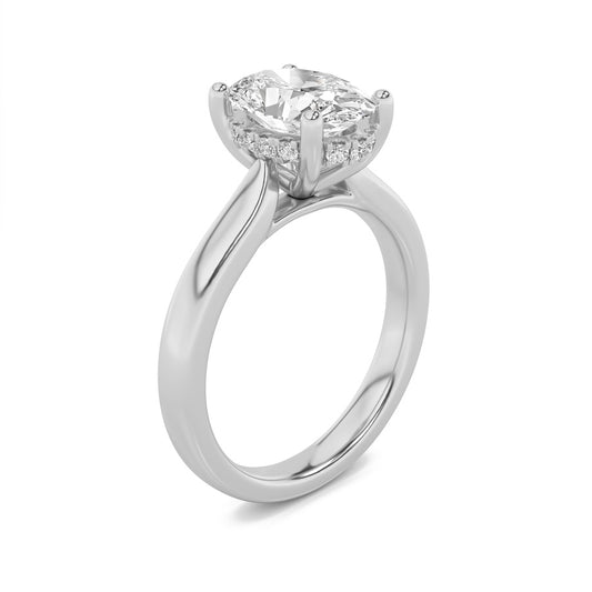 3Cttw Oval Shaped Lab Grown Diamond (F/VS) HiddenHalo Cathedral Shank Engagement Ring in 14K Gold