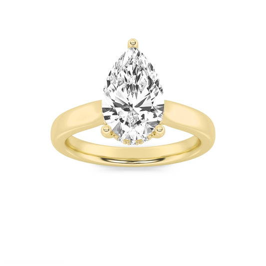 3Cttw Pear Shaped Lab Grown Diamond (F/VS) HiddenHalo Cathedral Shank Engagement Ring in 14K Gold