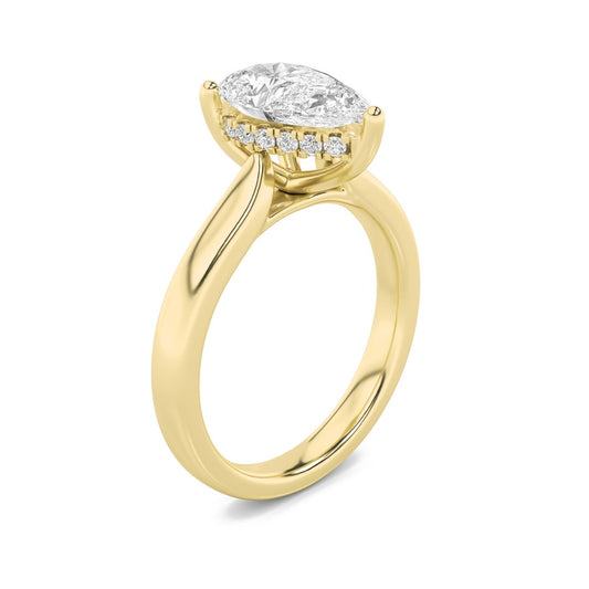 3Cttw Pear Shaped Lab Grown Diamond (F/VS) HiddenHalo Cathedral Shank Engagement Ring in 14K Gold