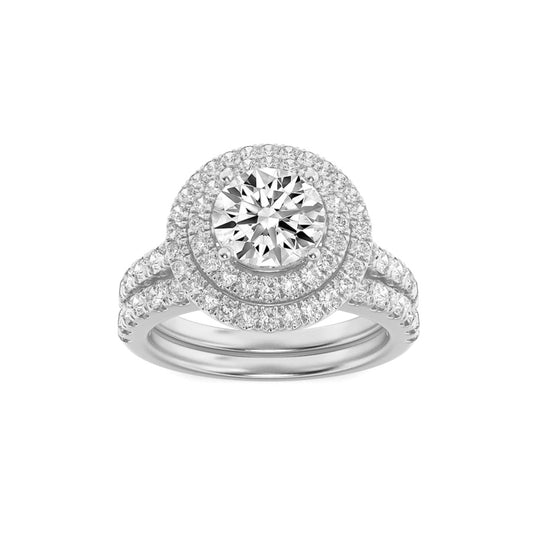 2Cttw Round Shaped Lab Grown Diamond (F/VS) Double Halo Bridal Set Engagement Ring Set in 14K Gold