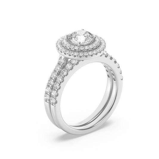 2Cttw Round Shaped Lab Grown Diamond (F/VS) Double Halo Bridal Set Engagement Ring Set in 14K Gold