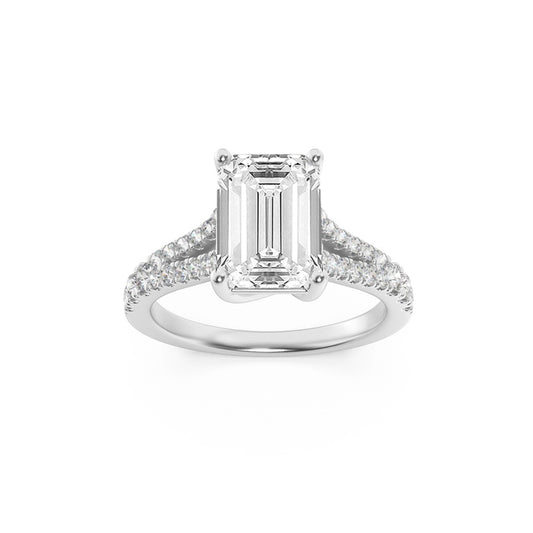 2Cttw Emerald Shaped Lab Grown Diamond (F/VS) Split Shank Trellis Engagement Ring in 14K Gold