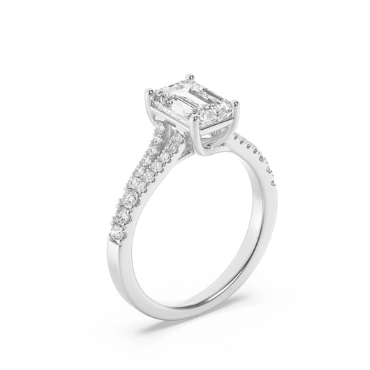 2Cttw Emerald Shaped Lab Grown Diamond (F/VS) Split Shank Trellis Engagement Ring in 14K Gold