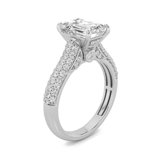 2.5Cttw Emerald Shaped Lab Grown Diamond (F/VS) Hidden Halo Accented Engagement Ring in 14K Gold